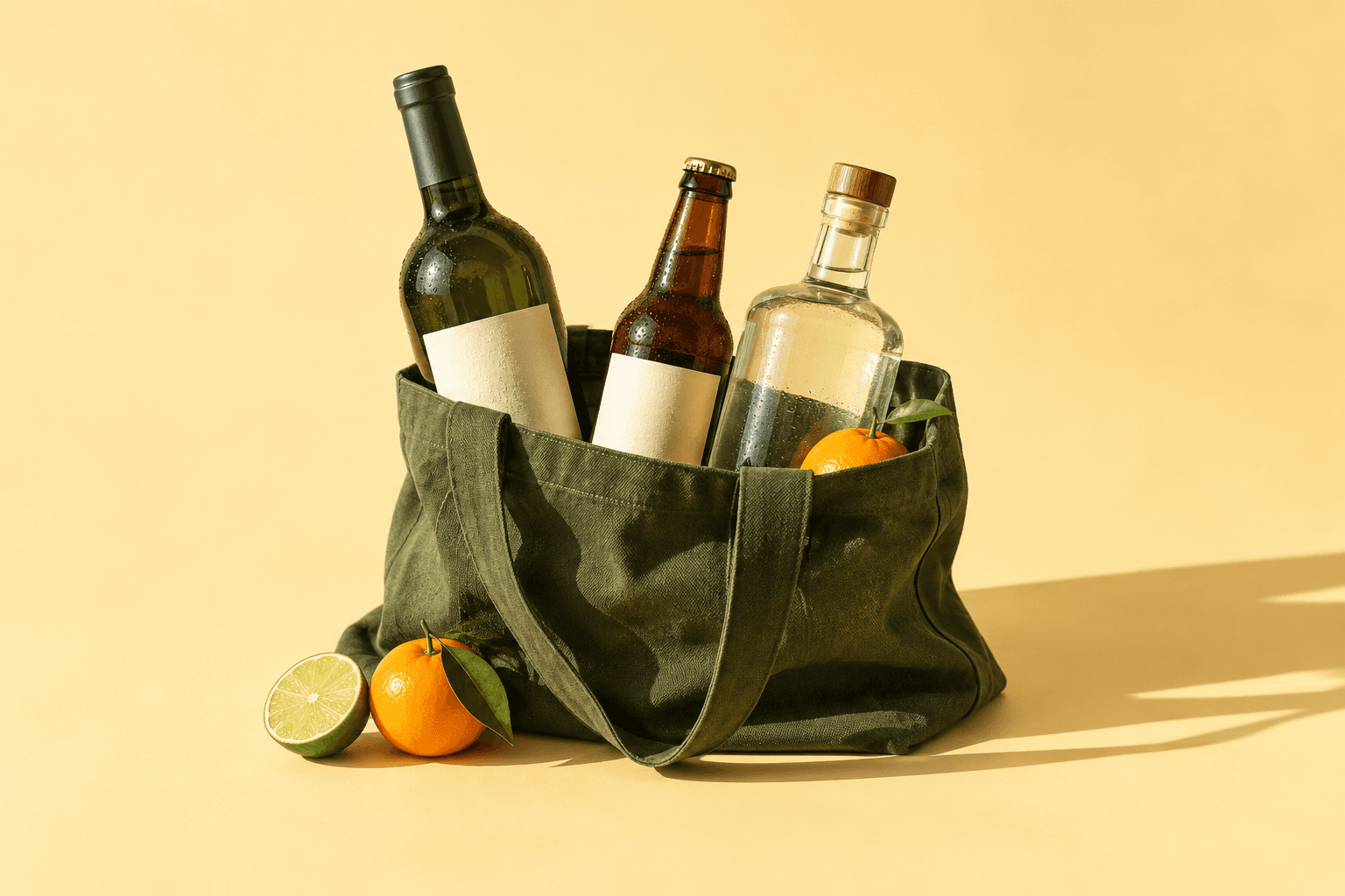 Unopened wine, beer and spirits in a green delivery tote with fresh citrus